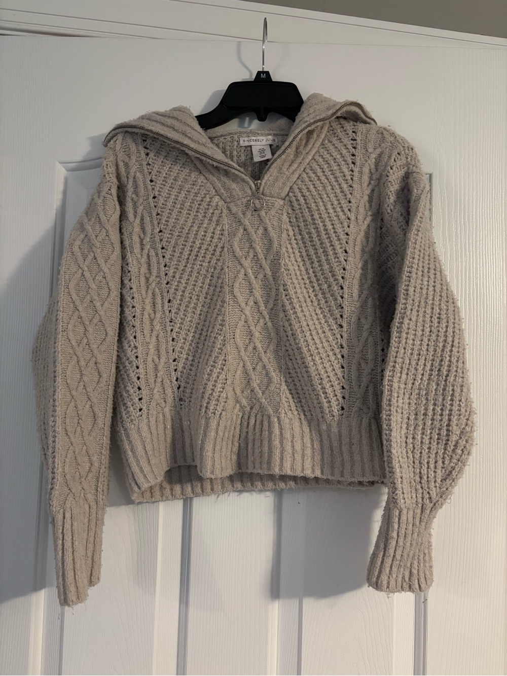 Sincerely Jules Cream Cable-Knit Hooded Turtleneck Sweater